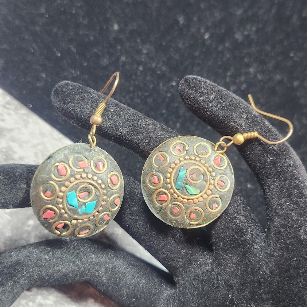 Tibetan Mosaic Inlay Drop Earrings Turquoise Coral Brass Boho Round Dangle